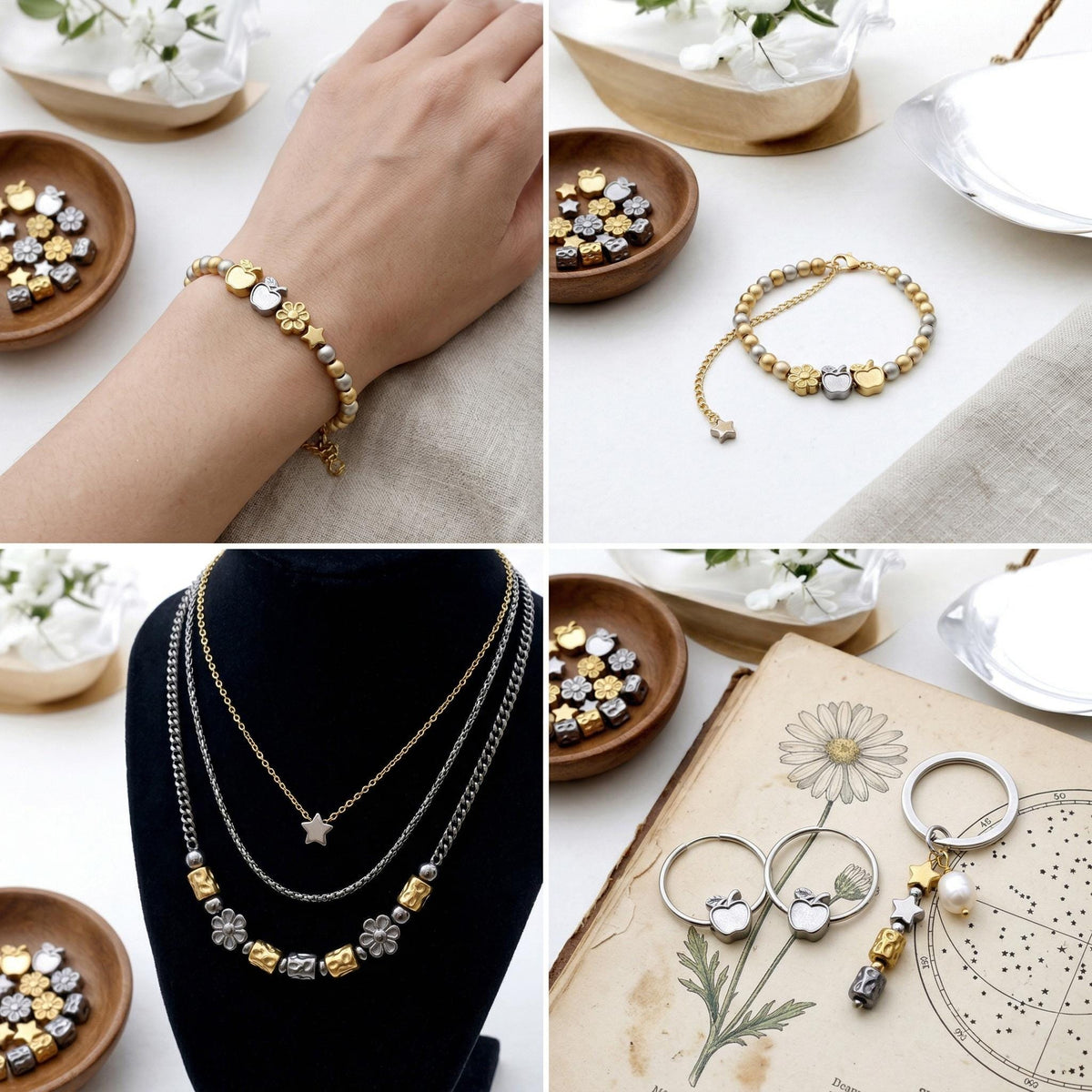 Bead Spacer Apple Daisy Star Barrel Beads, Gold Silver Finish (12 Pieces, Hypoallergenic Stainless Steel, Rust & Tarnish Resistant)