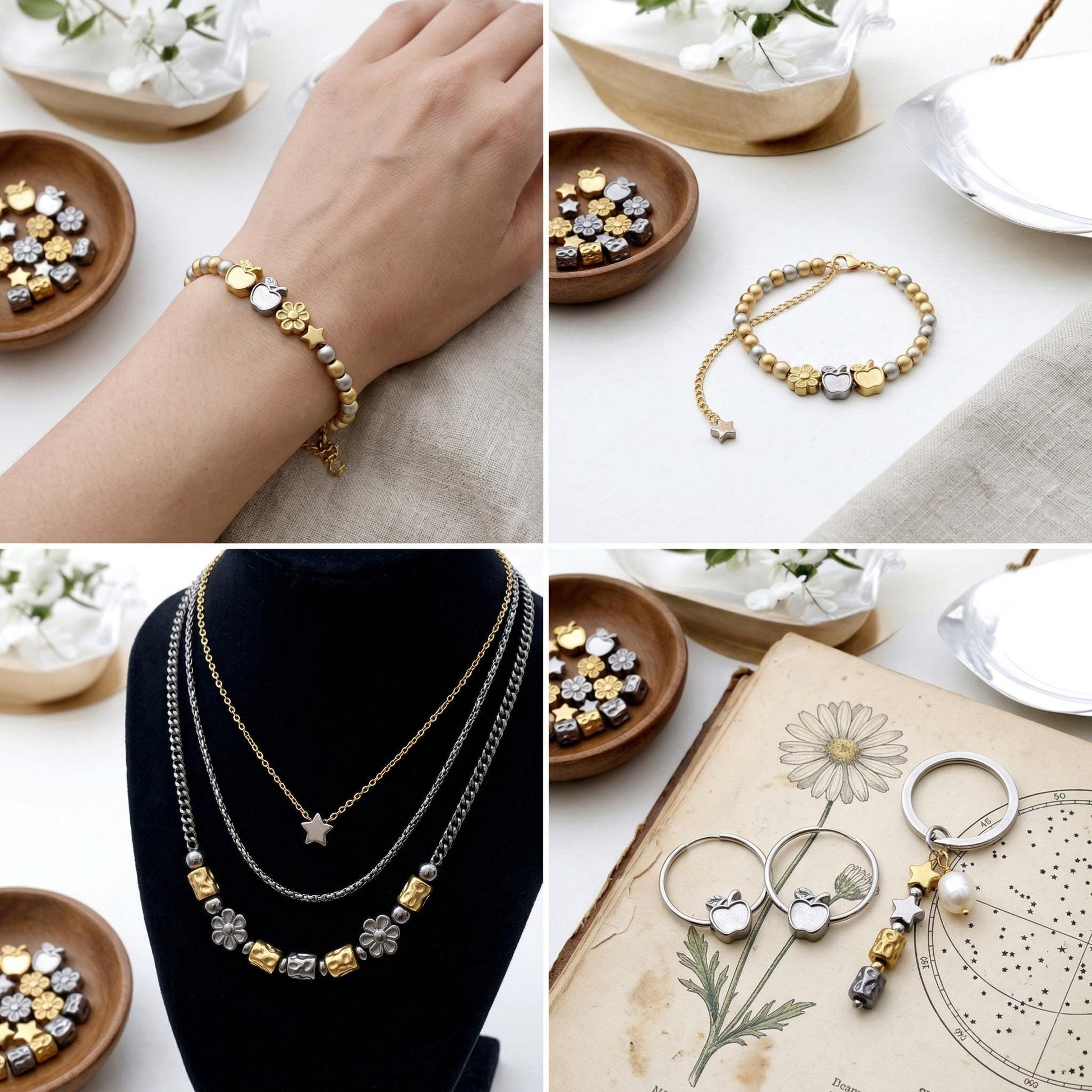 Bead Spacer Apple Daisy Star Barrel Beads, Gold Silver Finish (12 Pieces, Hypoallergenic Stainless Steel, Rust & Tarnish Resistant)