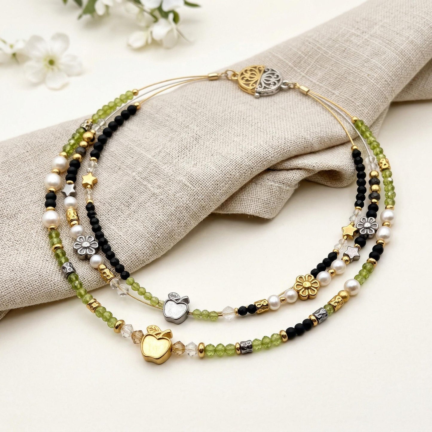 Bead Spacer Apple Daisy Star Barrel Beads, Gold Silver Finish (12 Pieces, Hypoallergenic Stainless Steel, Rust & Tarnish Resistant)