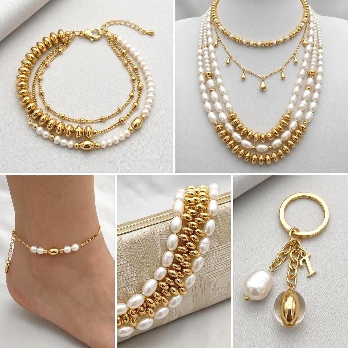 The image is a collage of five photos showcasing various gold and pearl jewelry pieces, including necklaces, bracelets, and ankle bracelets.