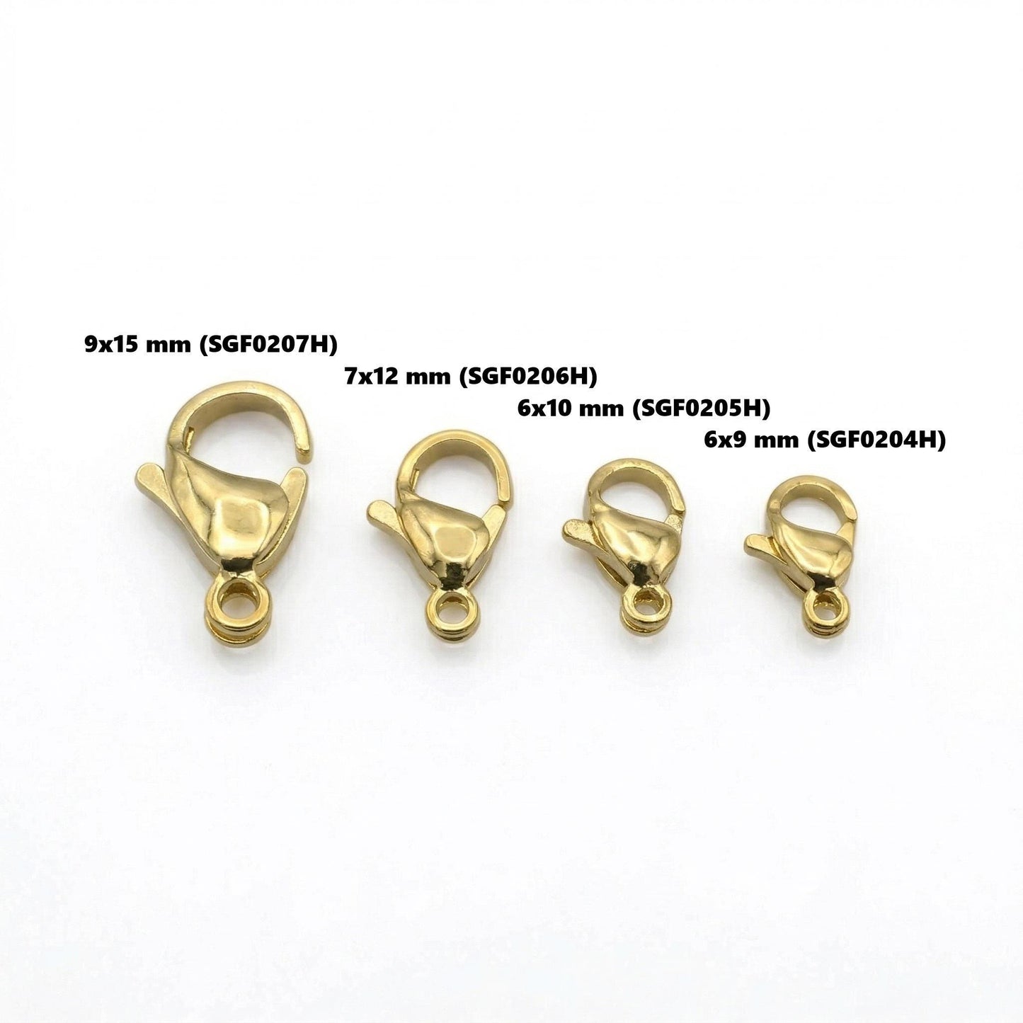 four gold-colored lobster clasp chains of different sizes, ranging from 9x15 mm to 6x9 mm.