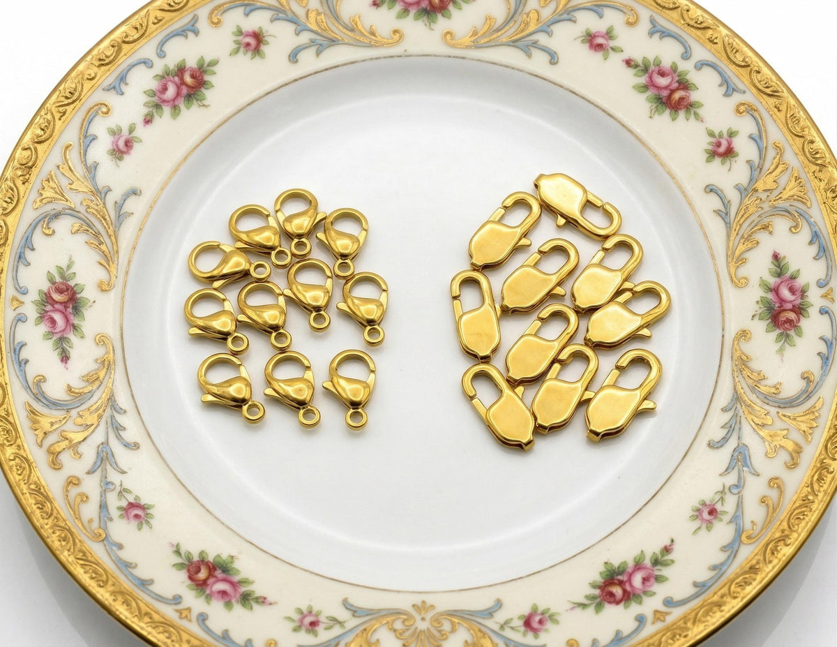 Steel Lobster Clasp Findings: Gold Plated Jewelry Components, Oval & Rectangle Shapes (Multiple Sizes, Stainless Steel)