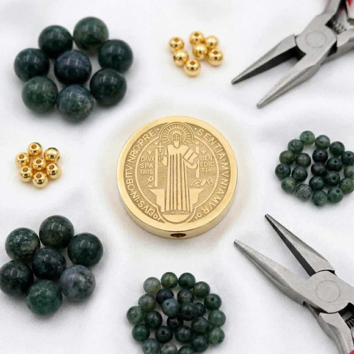 Saint Benedict Gold Slider Beads, Faith Symbol Charms (10mm & 15mm, Gold Stainless Steel, Durable for Bracelets)
