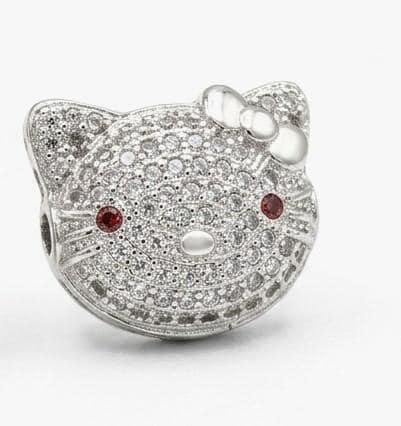 Cat Micro Pave Rhodium Spacer Beads: Clear CZ Stones with Red Eye Accent (13x15.5mm, Tarnish Resistant, )
