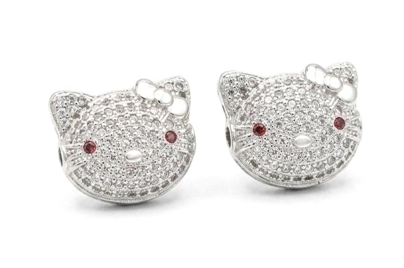 Cat Micro Pave Rhodium Spacer Beads: Clear CZ Stones with Red Eye Accent (13x15.5mm, Tarnish Resistant, )