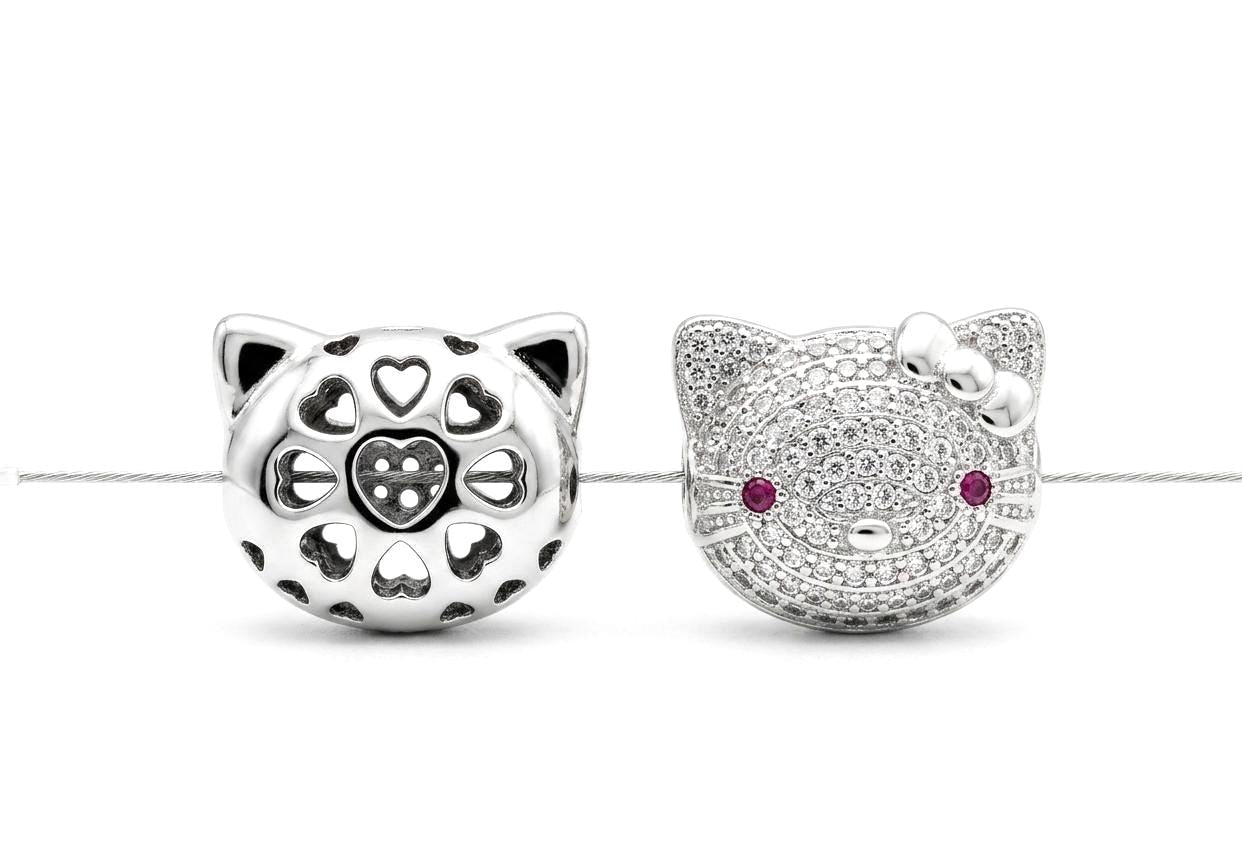 Cat Micro Pave Rhodium Spacer Beads: Clear CZ Stones with Red Eye Accent (13x15.5mm, Tarnish Resistant, )