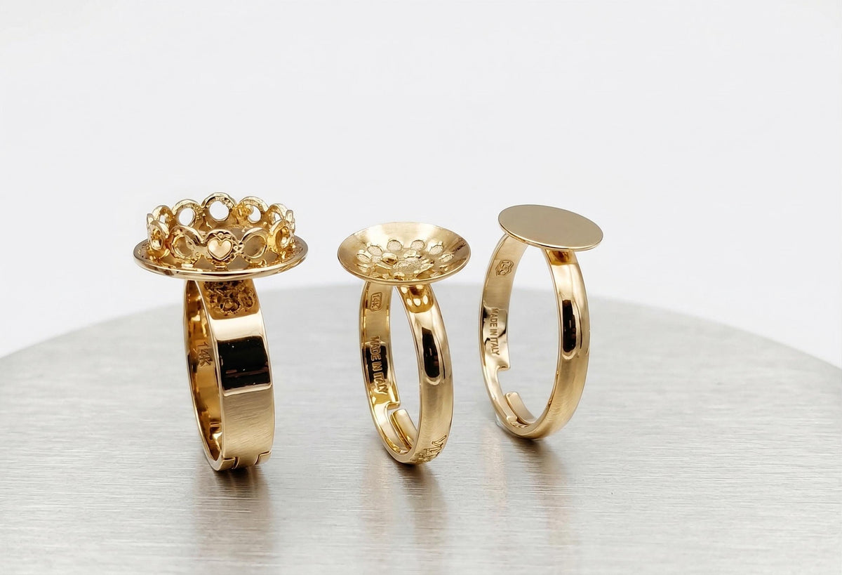18K Gold Filled Alternative Adjustable Ring Findings Frames for Beading (12-14mm, Durable Finish, Jewelry Crafting)