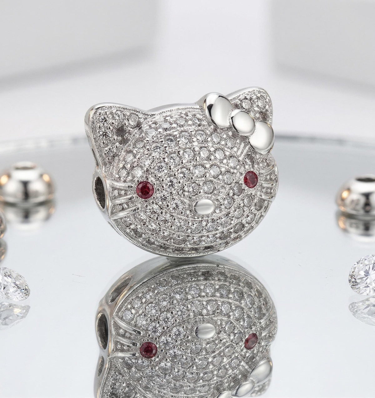 Cat Micro Pave Rhodium Spacer Beads: Clear CZ Stones with Red Eye Accent (13x15.5mm, Tarnish Resistant, )