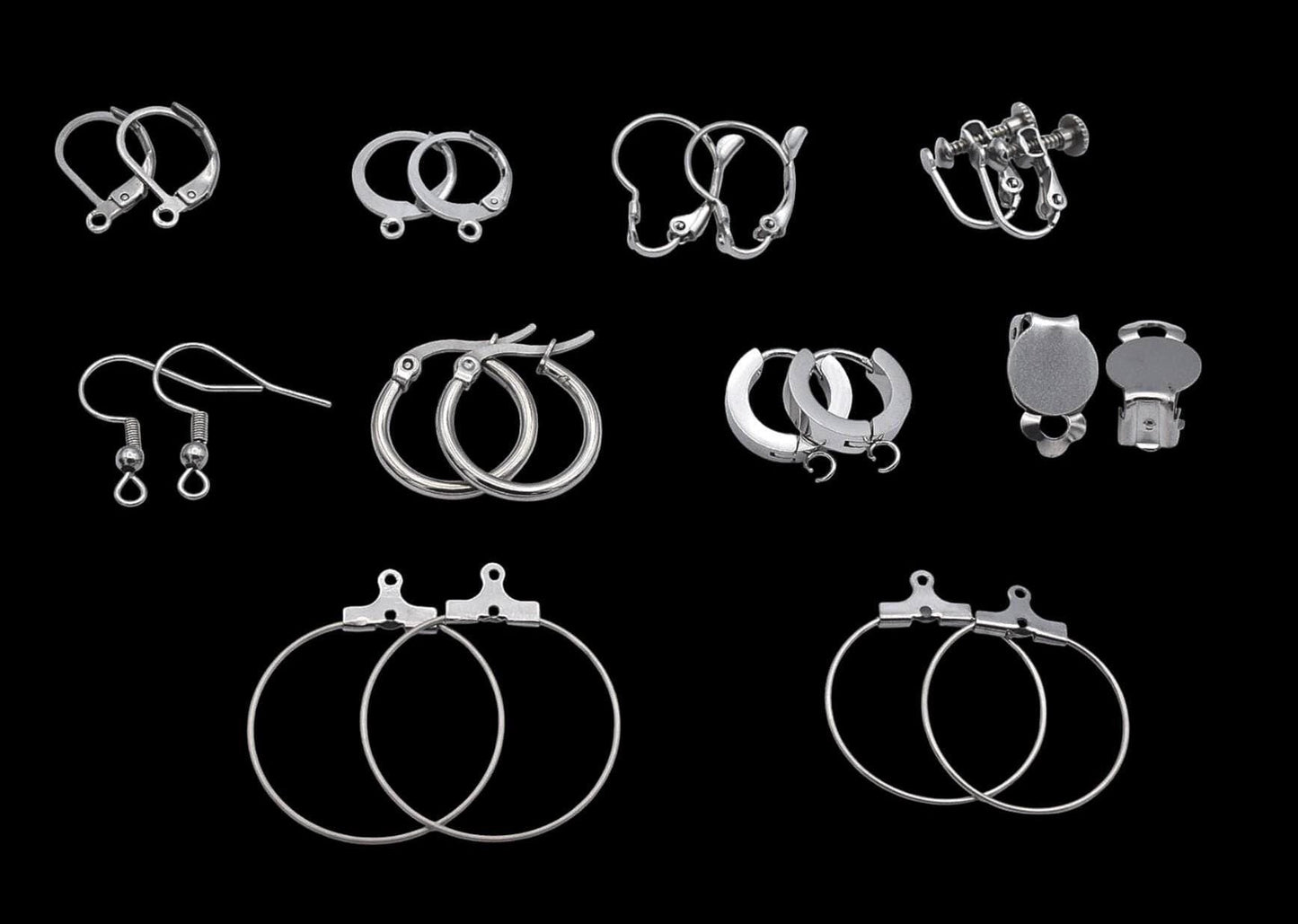 Lever Back Hooks Earring Findings Set, Stainless Steel, Hypoallergenic (Silver Tone, Multiple Styles, DIY Jewelry Makers)