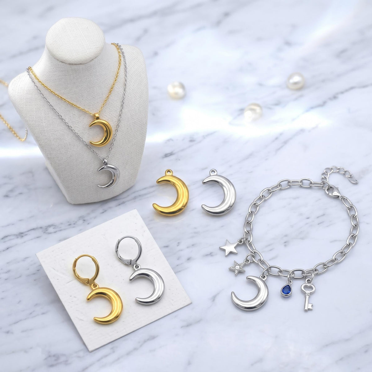 Moon Charm Pendant Jewelry Supplies: Puffy Crescent Moon, Gold Or Silver Stainless Steel (3 PCs, DIY Earrings)