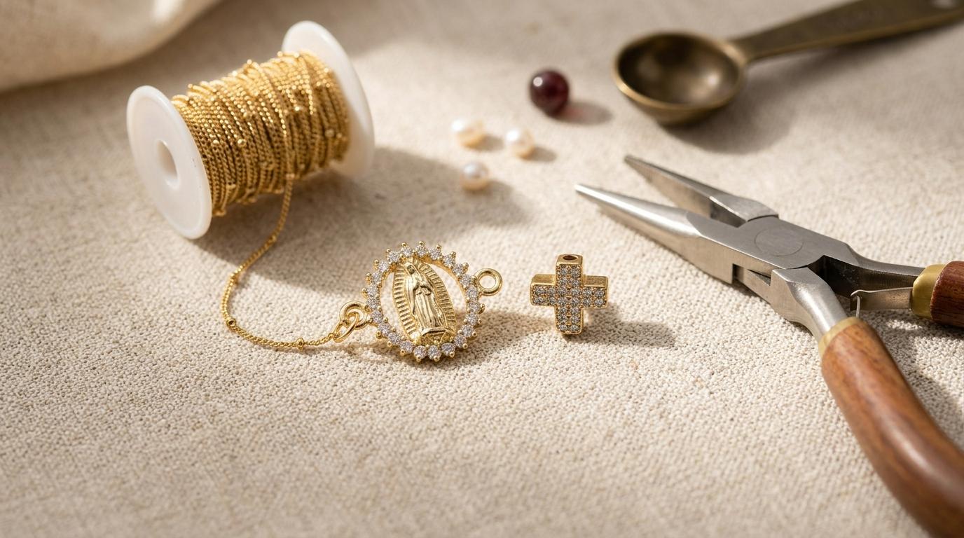 Gold CZ Cross Bead Connector: Sparkling Virgin Mary Pendant - Micro Pave Cubic Zirconia, Tarnish Resistant, Catholic Jewelry DIY