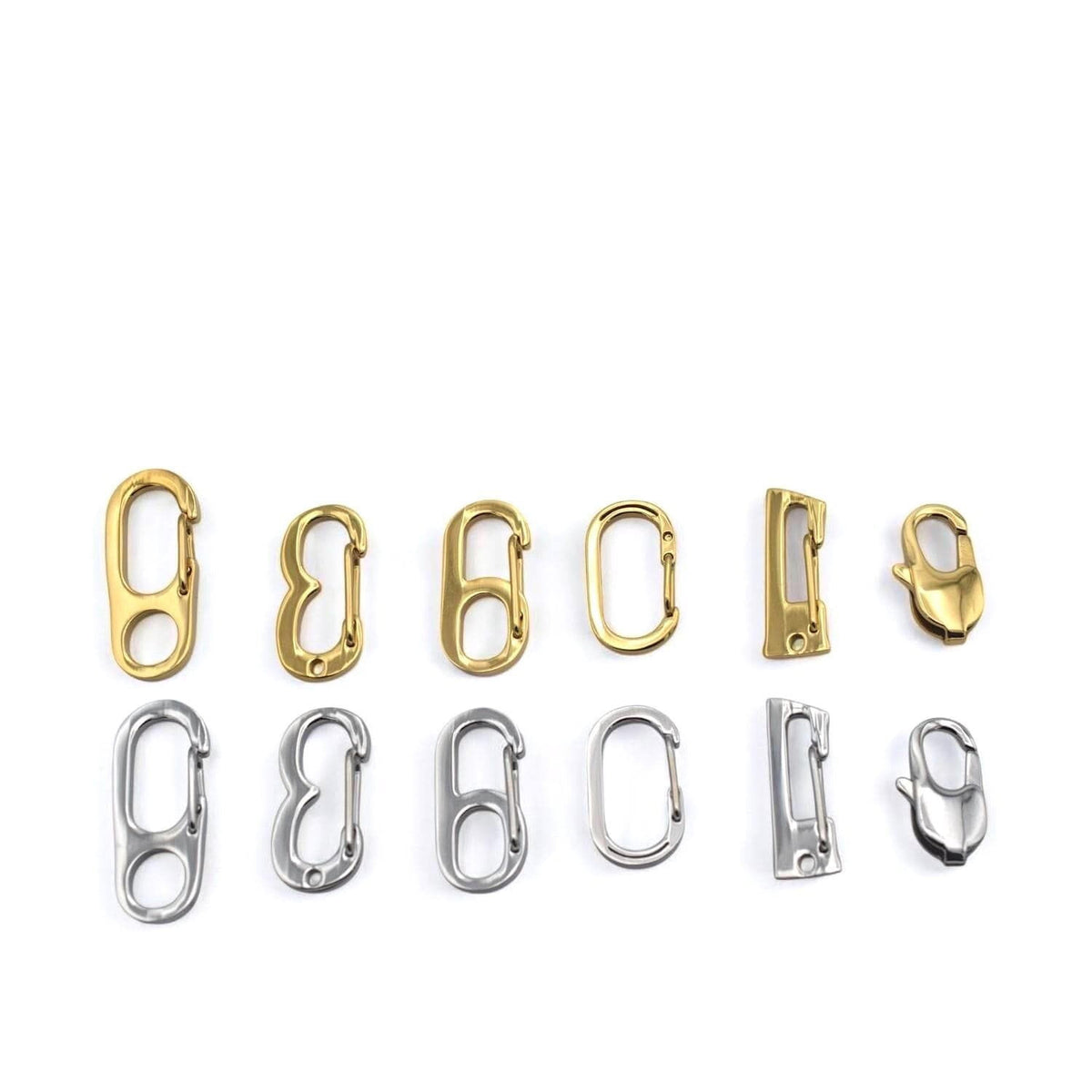 a collection of various metal clasps and hooks arranged in rows