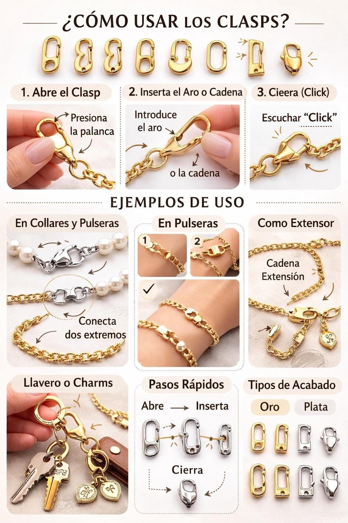 The image is a collage of various gold-colored clasps and their corresponding steps, providing instructions on how to use them.