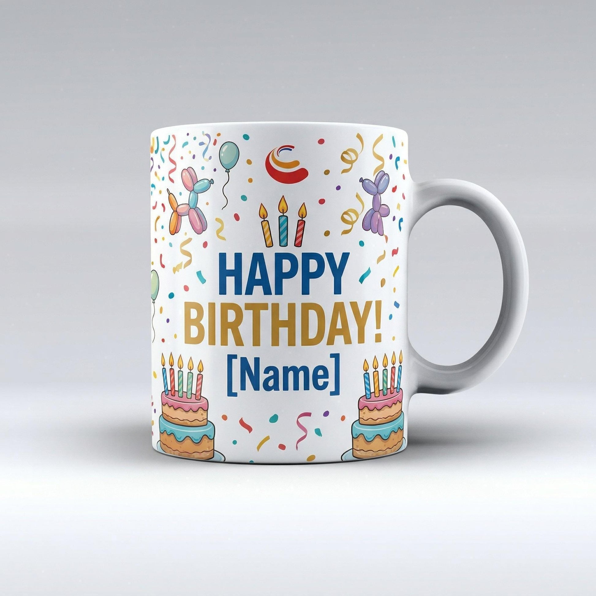 A white ceramic mug with a birthday-themed design, featuring colorful balloons, confetti, and birthday cakes with lit candles.
