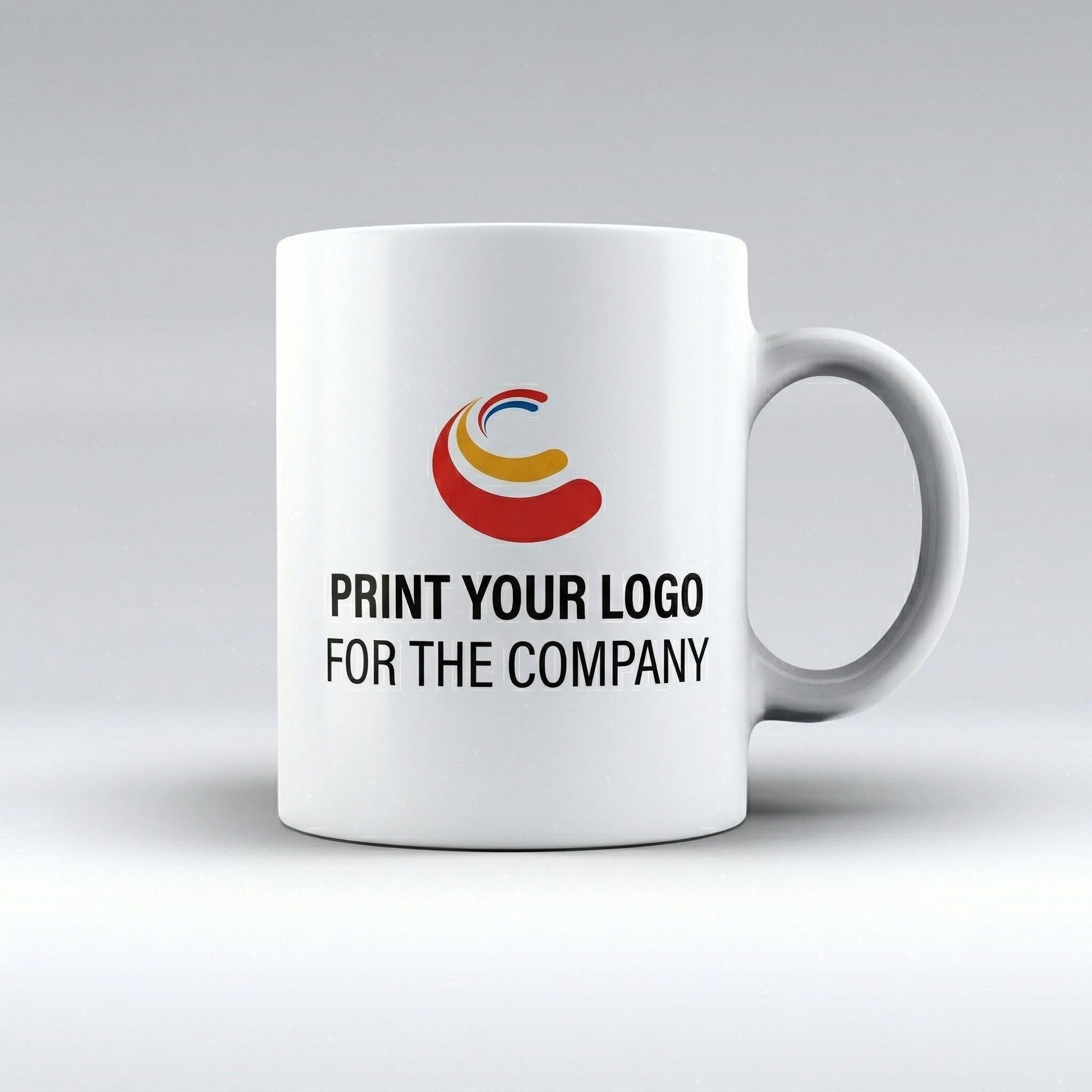 A white ceramic mug with a logo and text printed on it.