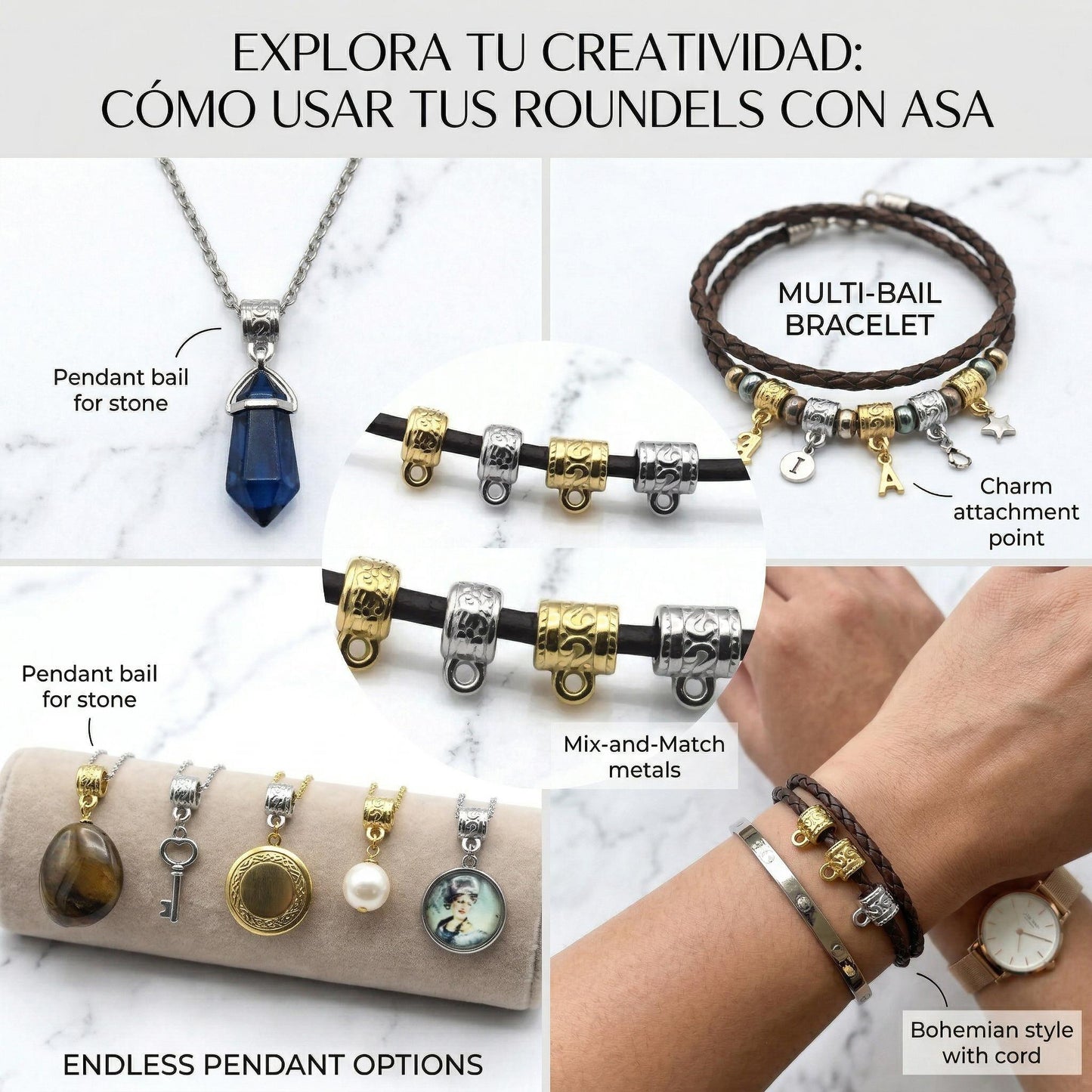 Pattern Barrel Bail Beads: Artisan Vine Pattern, Gold & Silver Stainless Steel (Large Hole 4mm, Durable, Hypoallergenic, 12 Pack)