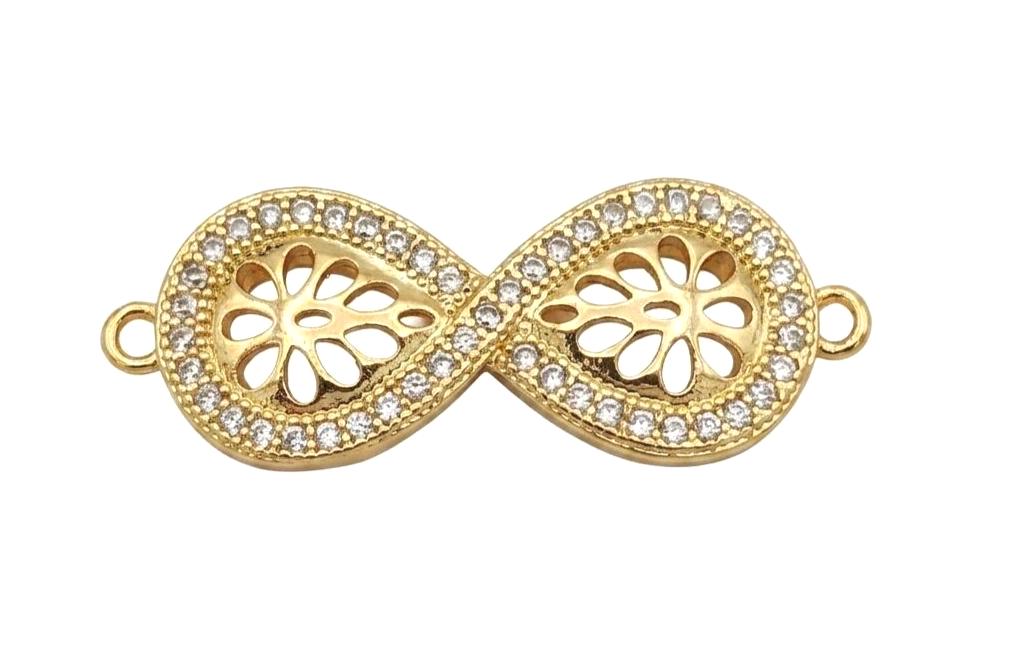 Infinity Connector 18K Gold Filled Alternative Charm, Sparkling Clear CZ Cubic Zirconia 29x11mm, Micro Pave Beads