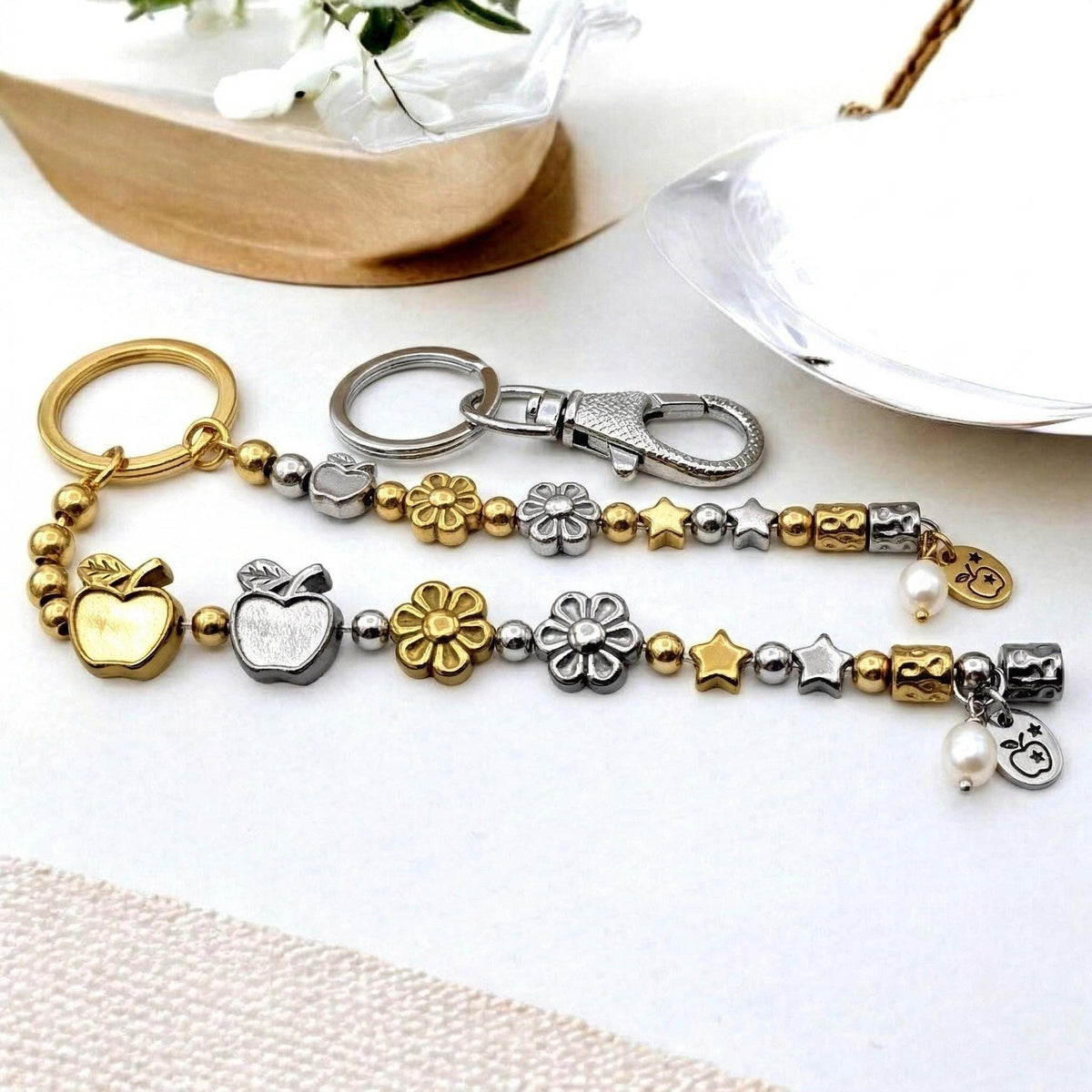 Bead Spacer Apple Daisy Star Barrel Beads, Gold Silver Finish (12 Pieces, Hypoallergenic Stainless Steel, Rust & Tarnish Resistant)