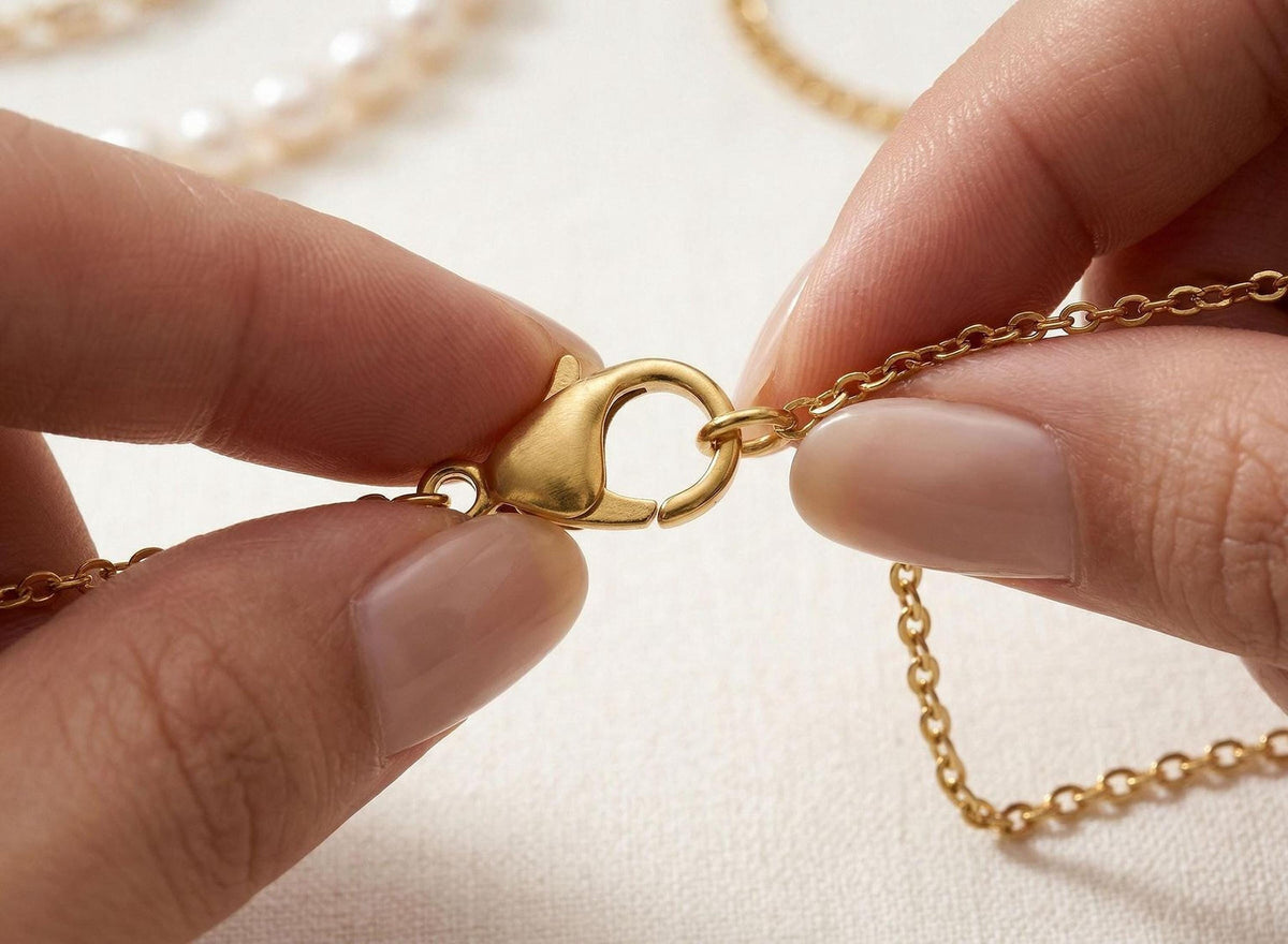 A close-up image of a person's hands holding a gold clasp on a necklace.