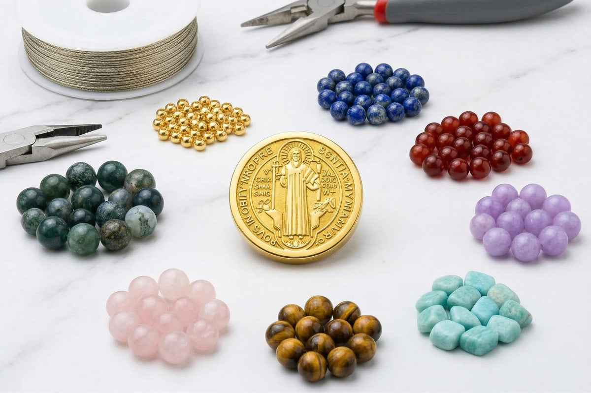 Saint Benedict Gold Slider Beads, Faith Symbol Charms (10mm & 15mm, Gold Stainless Steel, Durable for Bracelets)