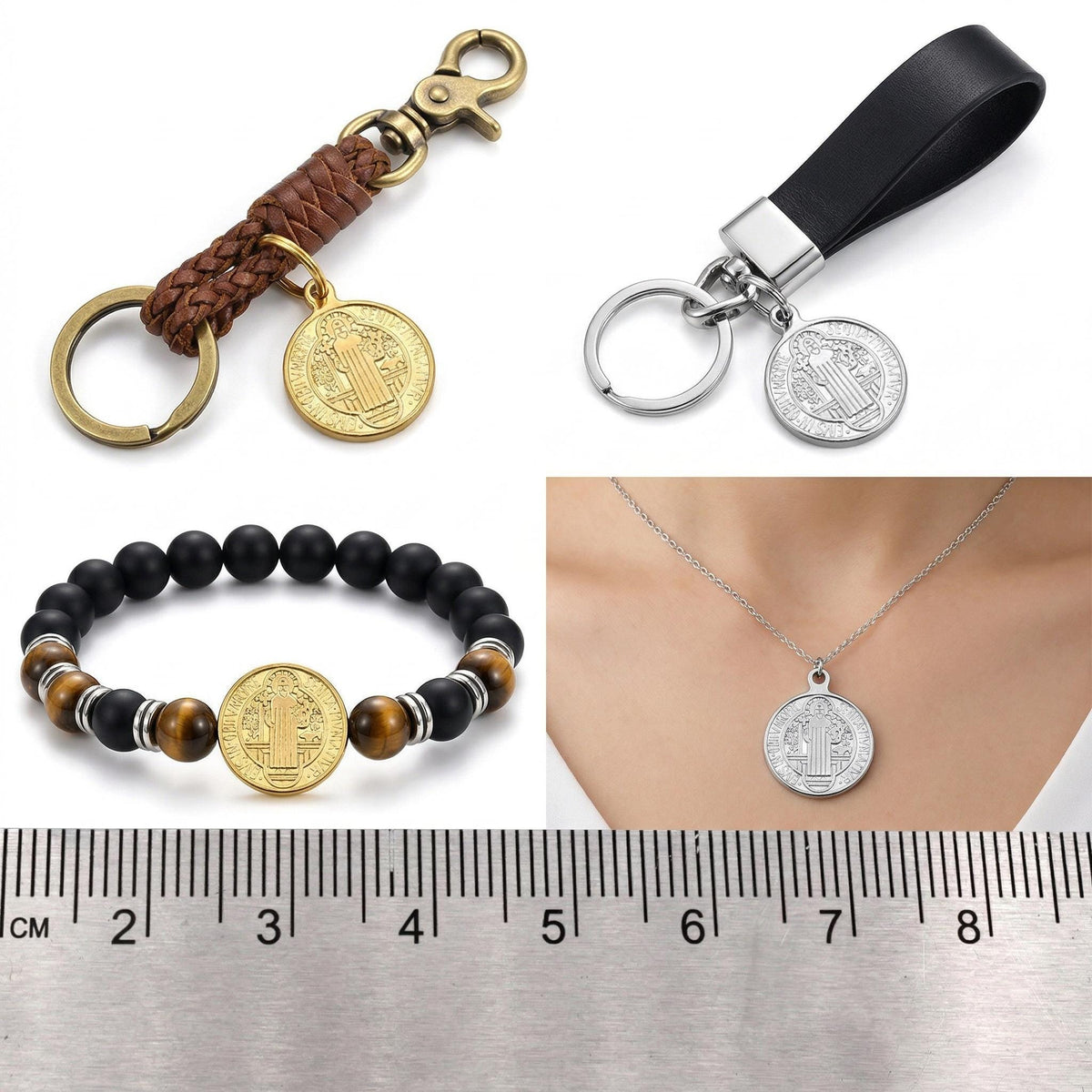 St Benedict Medal Charms Catholic Pendants, Double-Sided Protection (Gold & Silver Tone, 20mm, Lead-Free Stainless Steel)