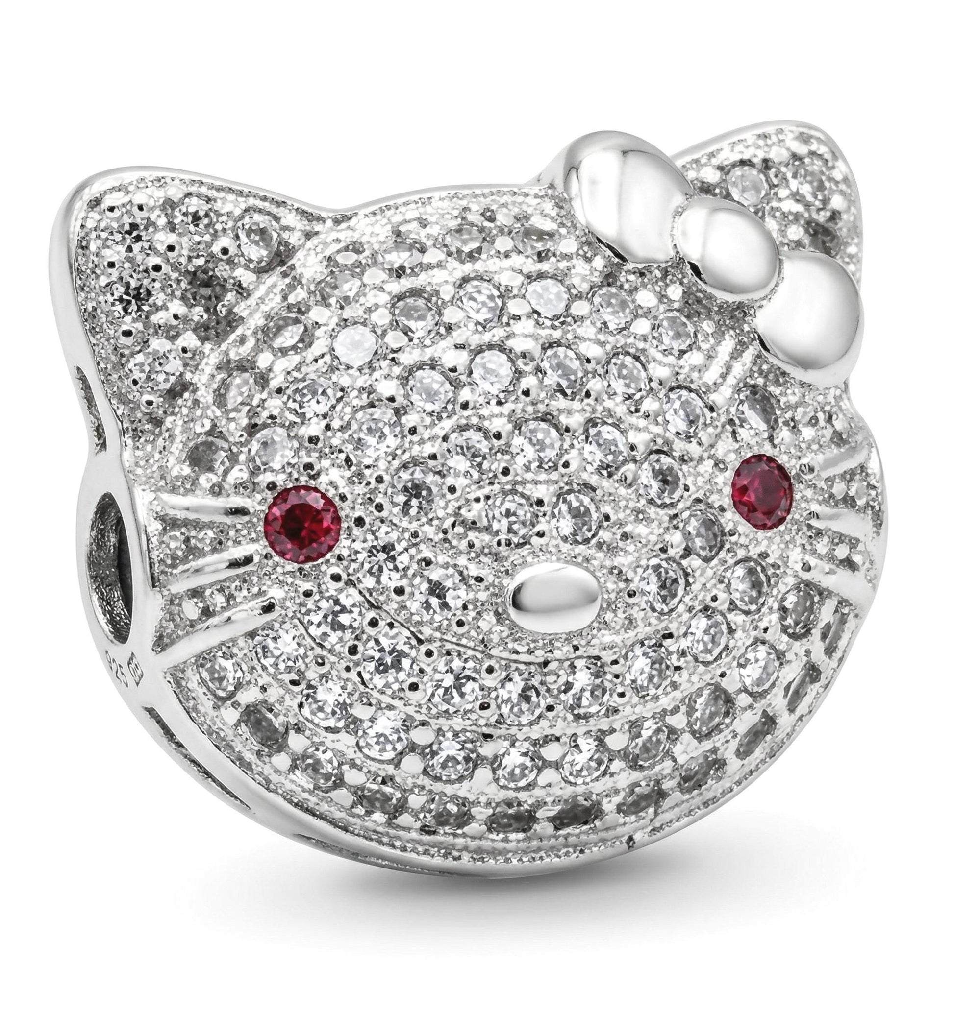 Cat Micro Pave Rhodium Spacer Beads: Clear CZ Stones with Red Eye Accent (13x15.5mm, Tarnish Resistant, )