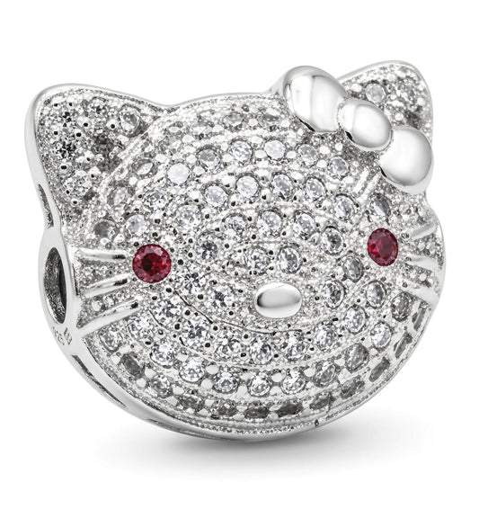 Cat Micro Pave Rhodium Spacer Beads: Clear CZ Stones with Red Eye Accent (13x15.5mm, Tarnish Resistant, )