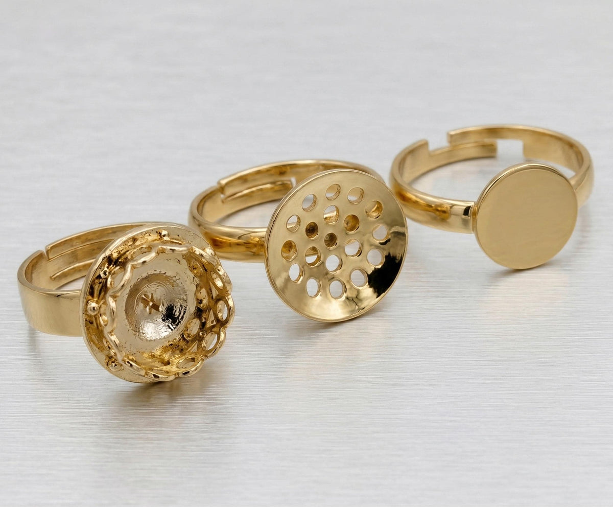 18K Gold Filled Alternative Adjustable Ring Findings Frames for Beading (12-14mm, Durable Finish, Jewelry Crafting)