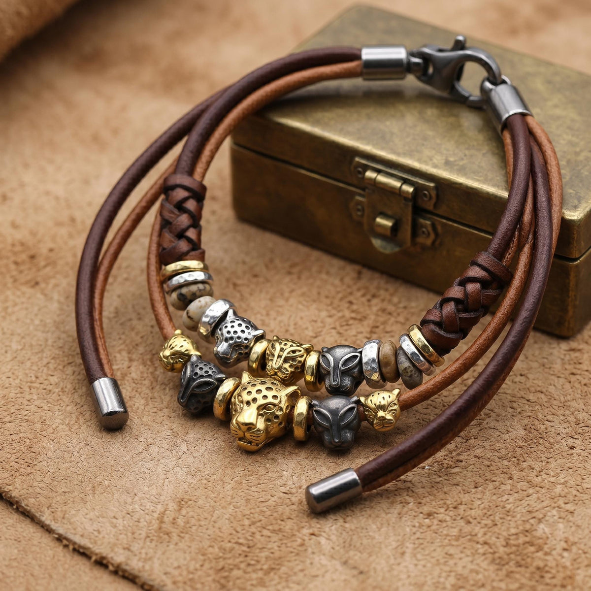 Leopard And Panther Head Beads: Antique Gold & Silver Finish - Large Hole, Durable Stainless Steel, Wildlife Jewelry Components