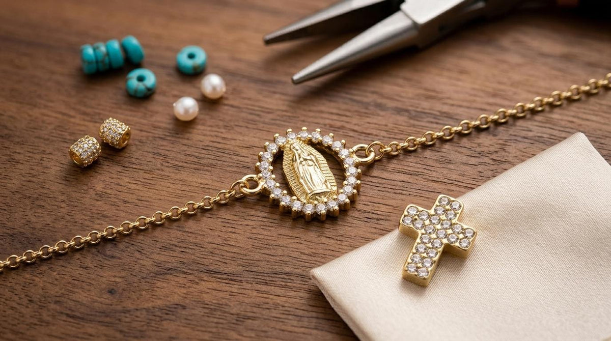 Gold CZ Cross Bead Connector: Sparkling Virgin Mary Pendant - Micro Pave Cubic Zirconia, Tarnish Resistant, Catholic Jewelry DIY