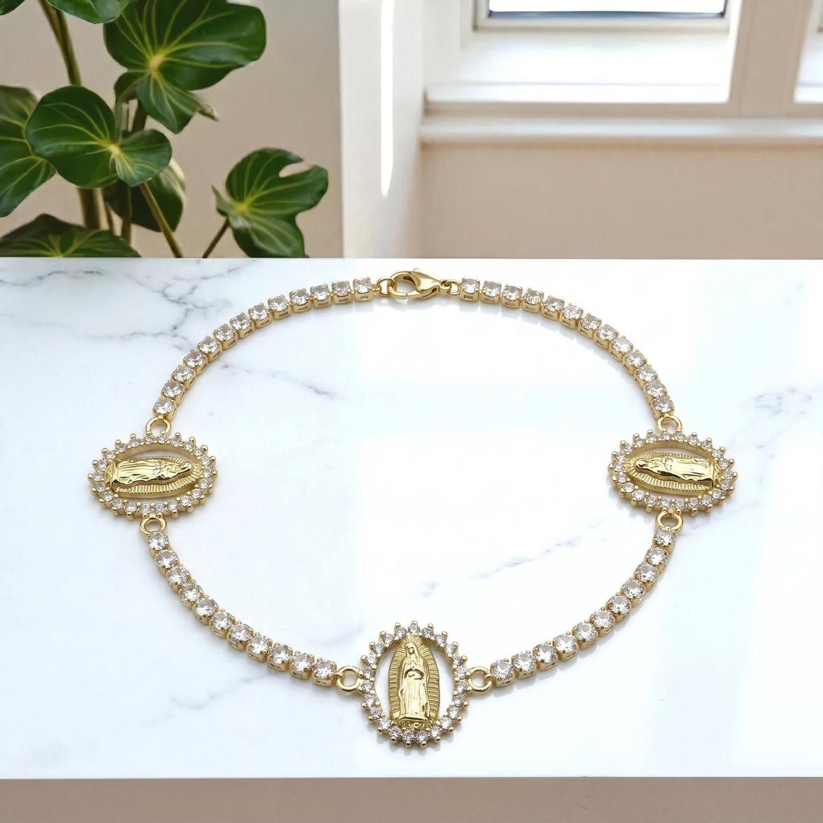 Gold CZ Cross Bead Connector: Sparkling Virgin Mary Pendant - Micro Pave Cubic Zirconia, Tarnish Resistant, Catholic Jewelry DIY