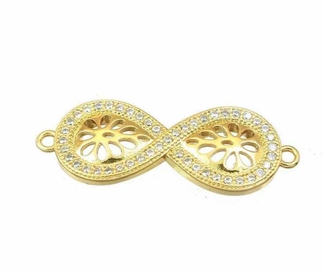 Infinity Connector 18K Gold Filled Alternative Charm, Sparkling Clear CZ Cubic Zirconia 29x11mm, Micro Pave Beads