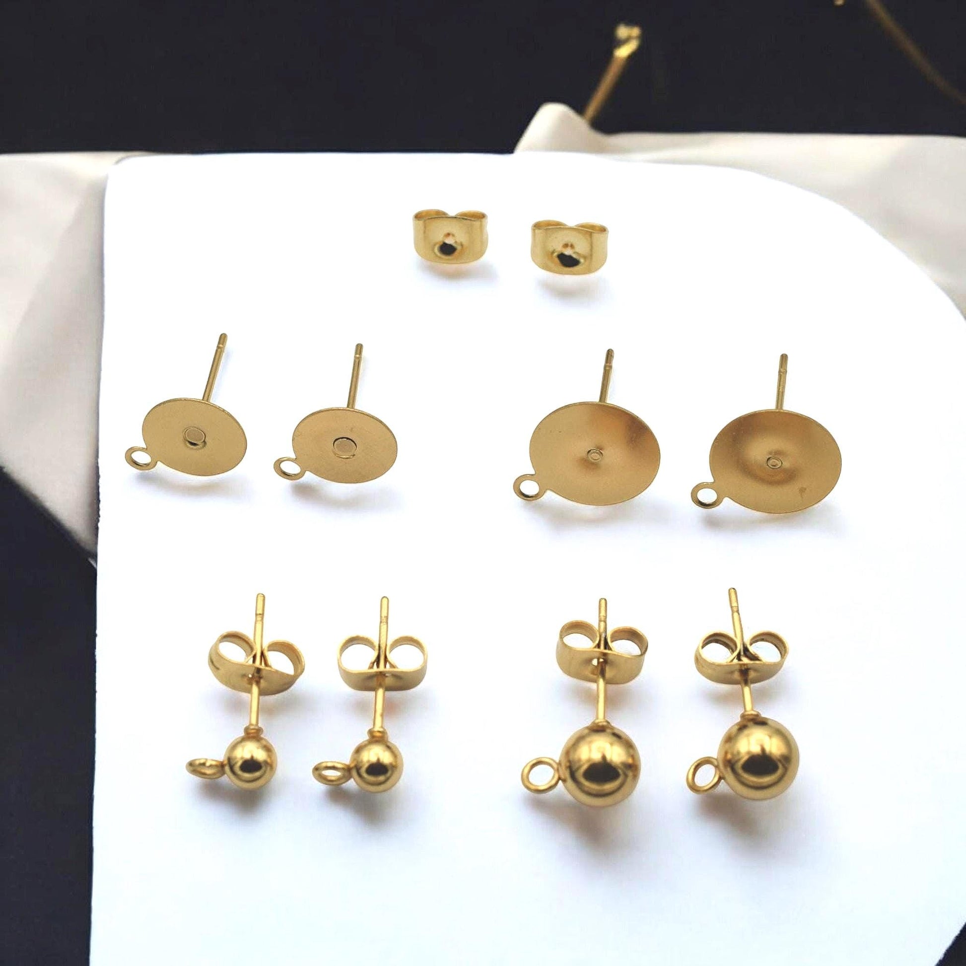 Gold Stainless Steel Stud Earring Posts Flat Pad with Loop & Ball Stud Findings Hypoallergenic Jewelry Making Supplies