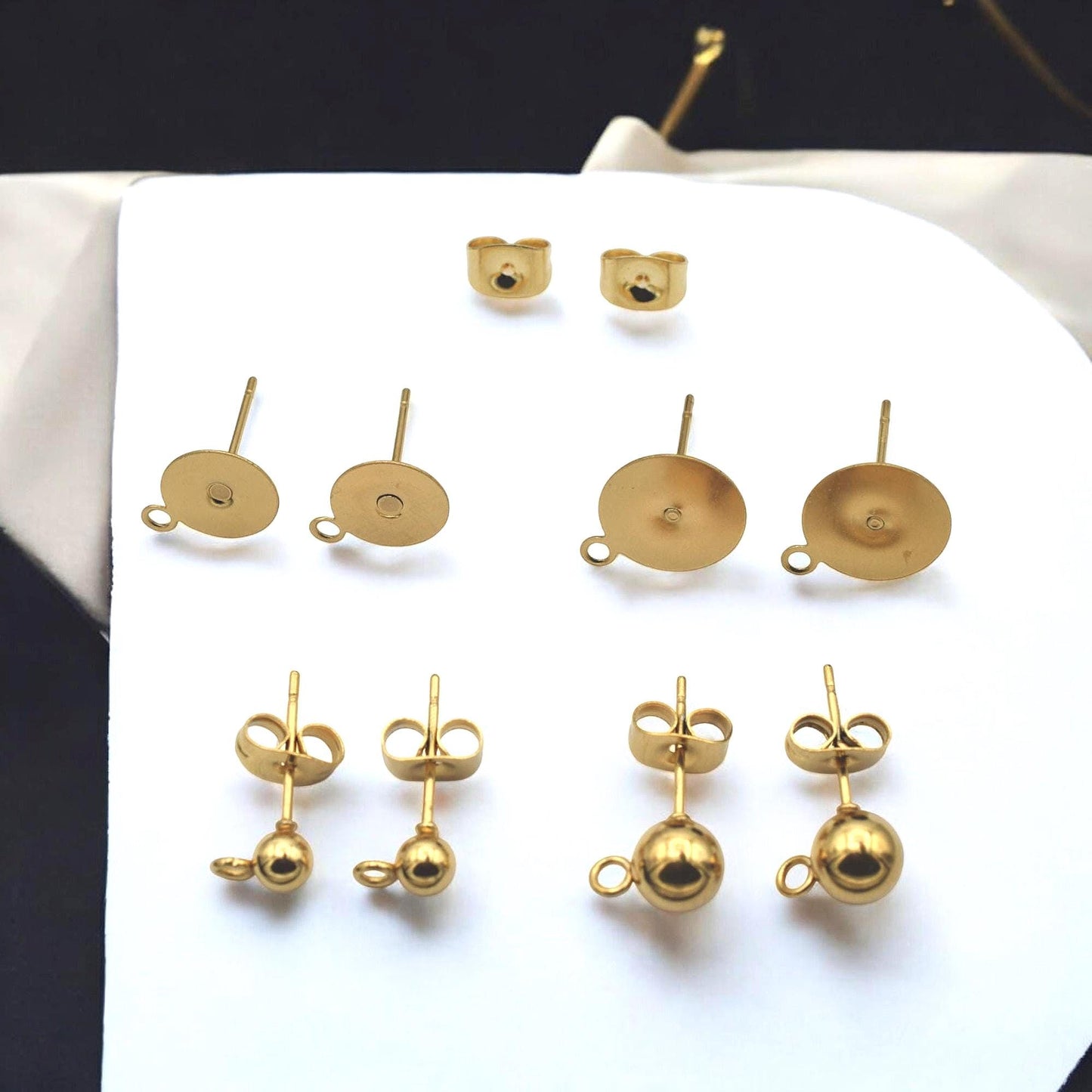 Gold stainless steel stud earring posts with flat pad and loop, ball studs, hypoallergenic jewelry making findings