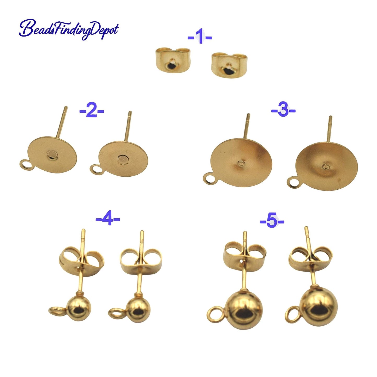 Gold Stainless Steel Stud Earring Posts Flat Pad with Loop & Ball Stud Findings Hypoallergenic Jewelry Making Supplies