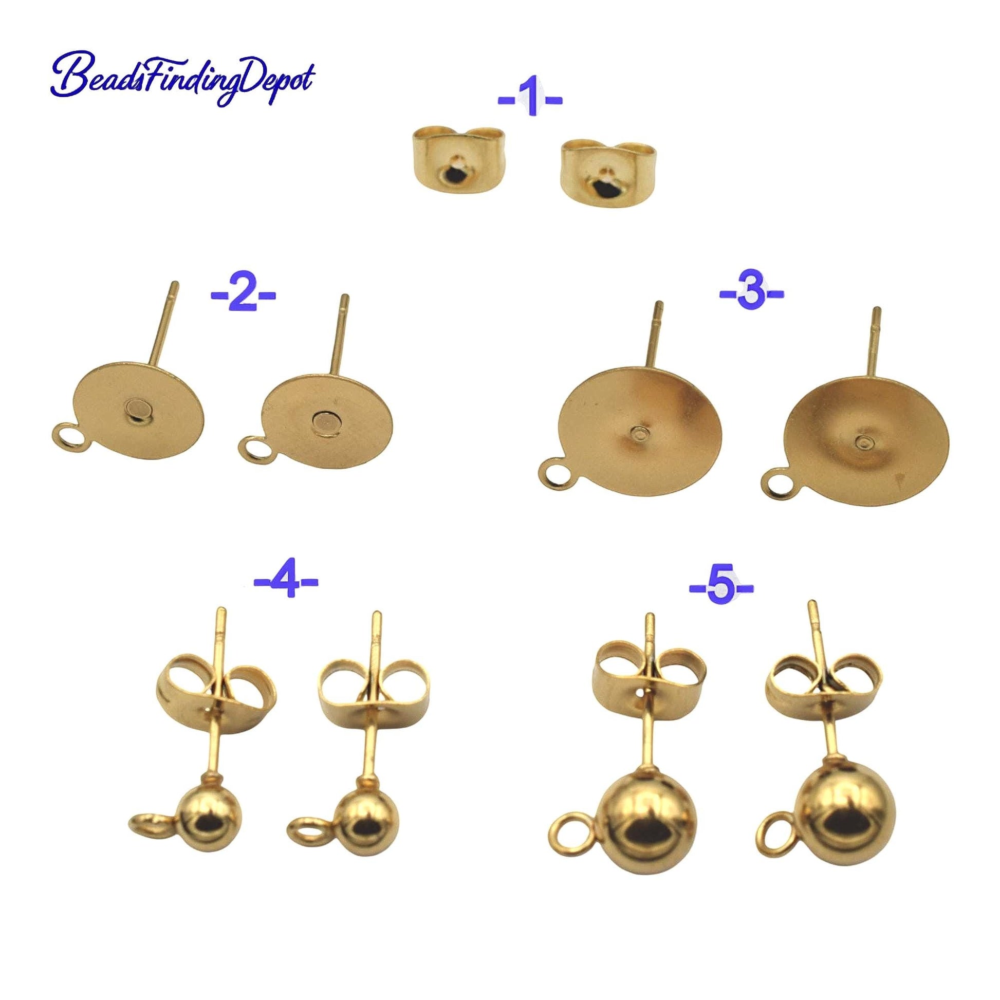 Gold Stainless Steel Stud Earring Posts Flat Pad with Loop & Ball Stud Findings Hypoallergenic Jewelry Making Supplies