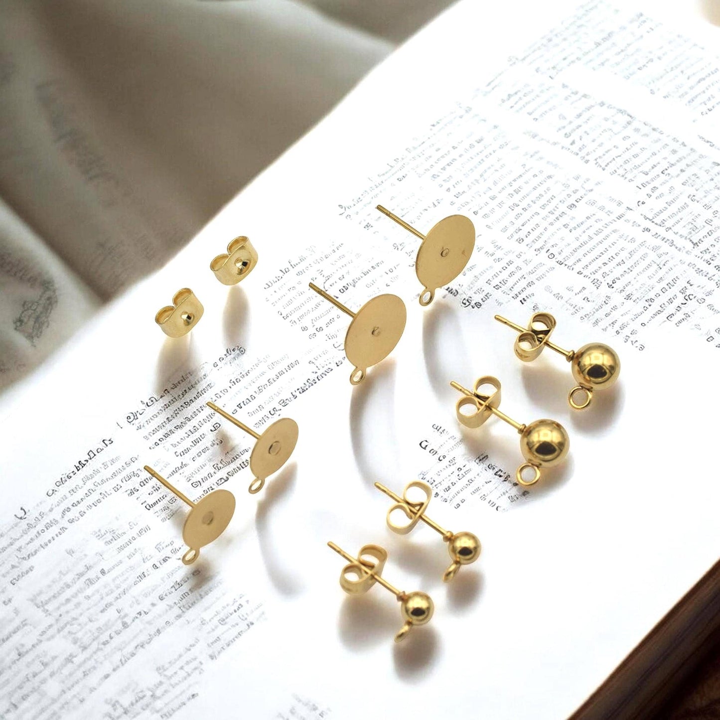 Gold Stainless Steel Stud Earring Posts Flat Pad with Loop & Ball Stud Findings Hypoallergenic Jewelry Making Supplies