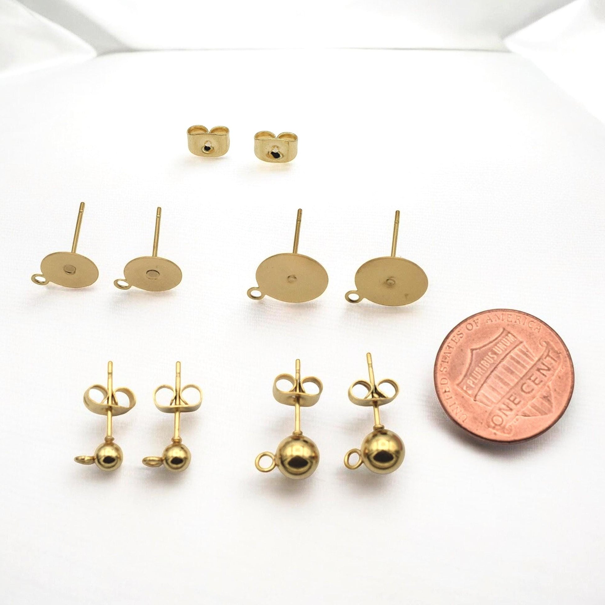 Gold Stainless Steel Stud Earring Posts Flat Pad with Loop & Ball Stud Findings Hypoallergenic Jewelry Making Supplies