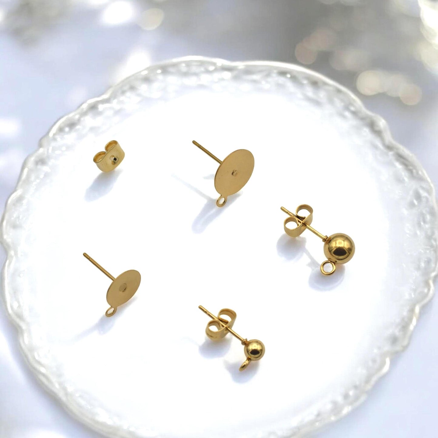 Gold Stainless Steel Stud Earring Posts Flat Pad with Loop & Ball Stud Findings Hypoallergenic Jewelry Making Supplies