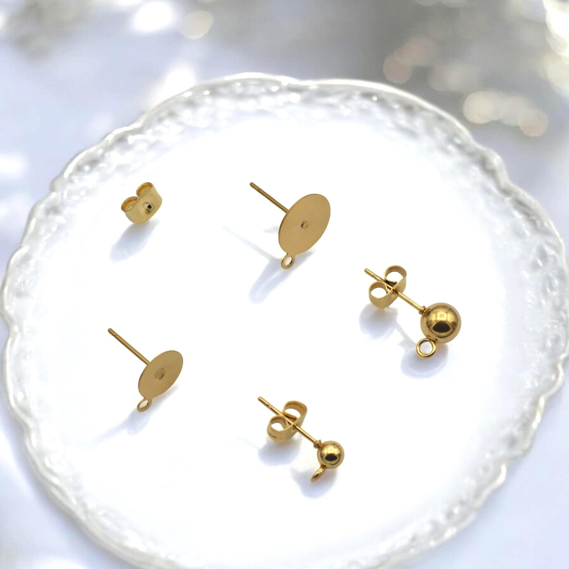 Gold Stainless Steel Stud Earring Posts Flat Pad with Loop & Ball Stud Findings Hypoallergenic Jewelry Making Supplies