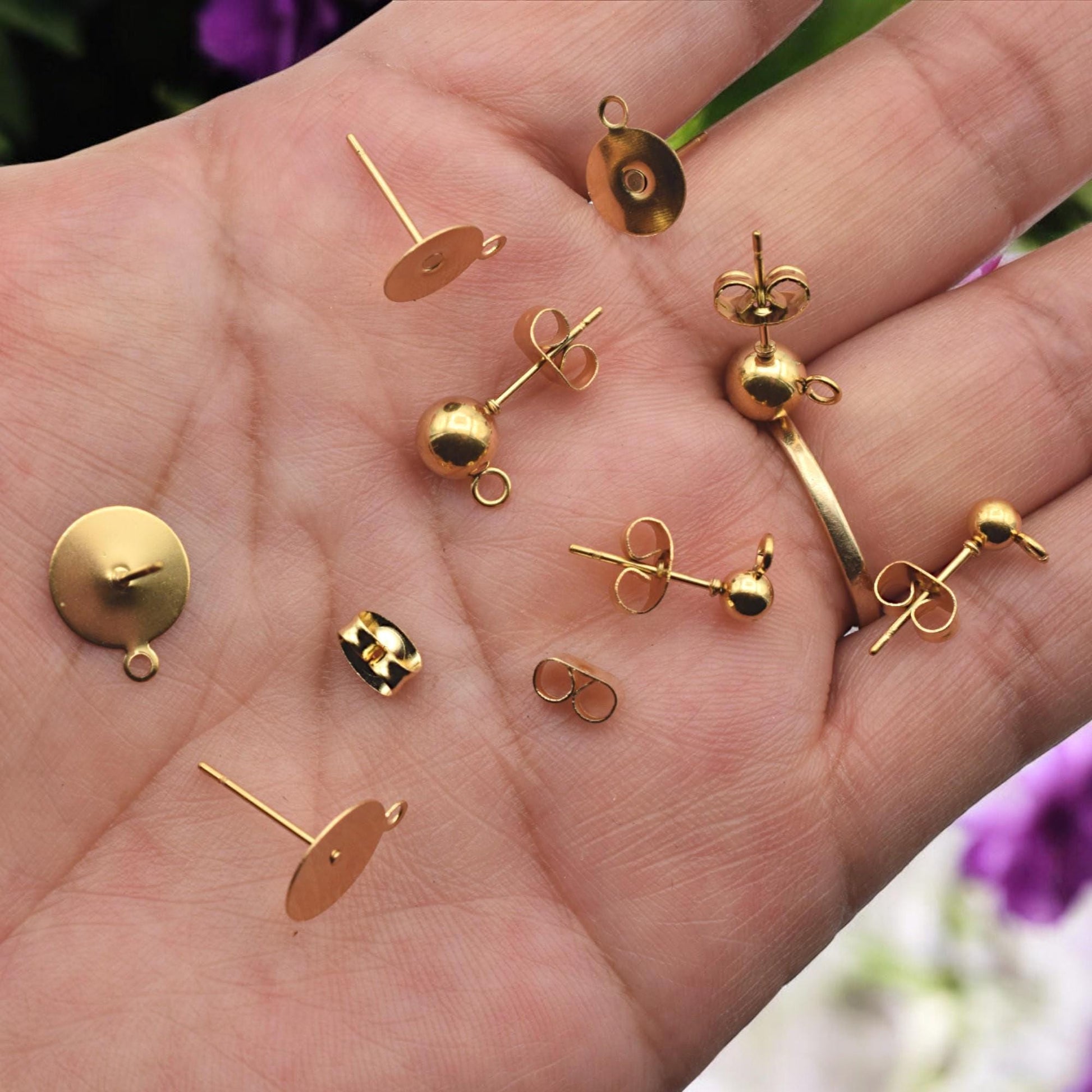 Gold Stainless Steel Stud Earring Posts Flat Pad with Loop & Ball Stud Findings Hypoallergenic Jewelry Making Supplies