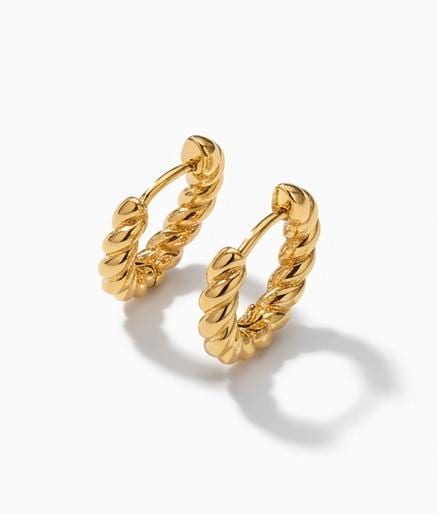 18k gold-filled hoop earrings featuring a decorative twisted rope texture that adds a vintage aesthetic.