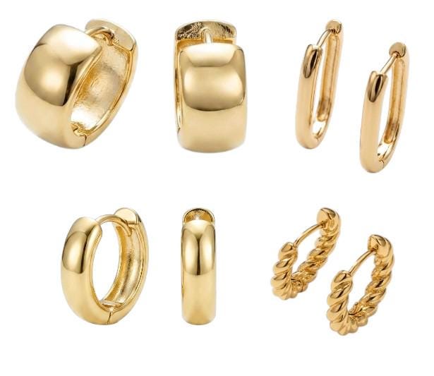 A collage of five 18k gold-filled hoop earring styles including chunky, oval, and twisted designs on a clean white background.