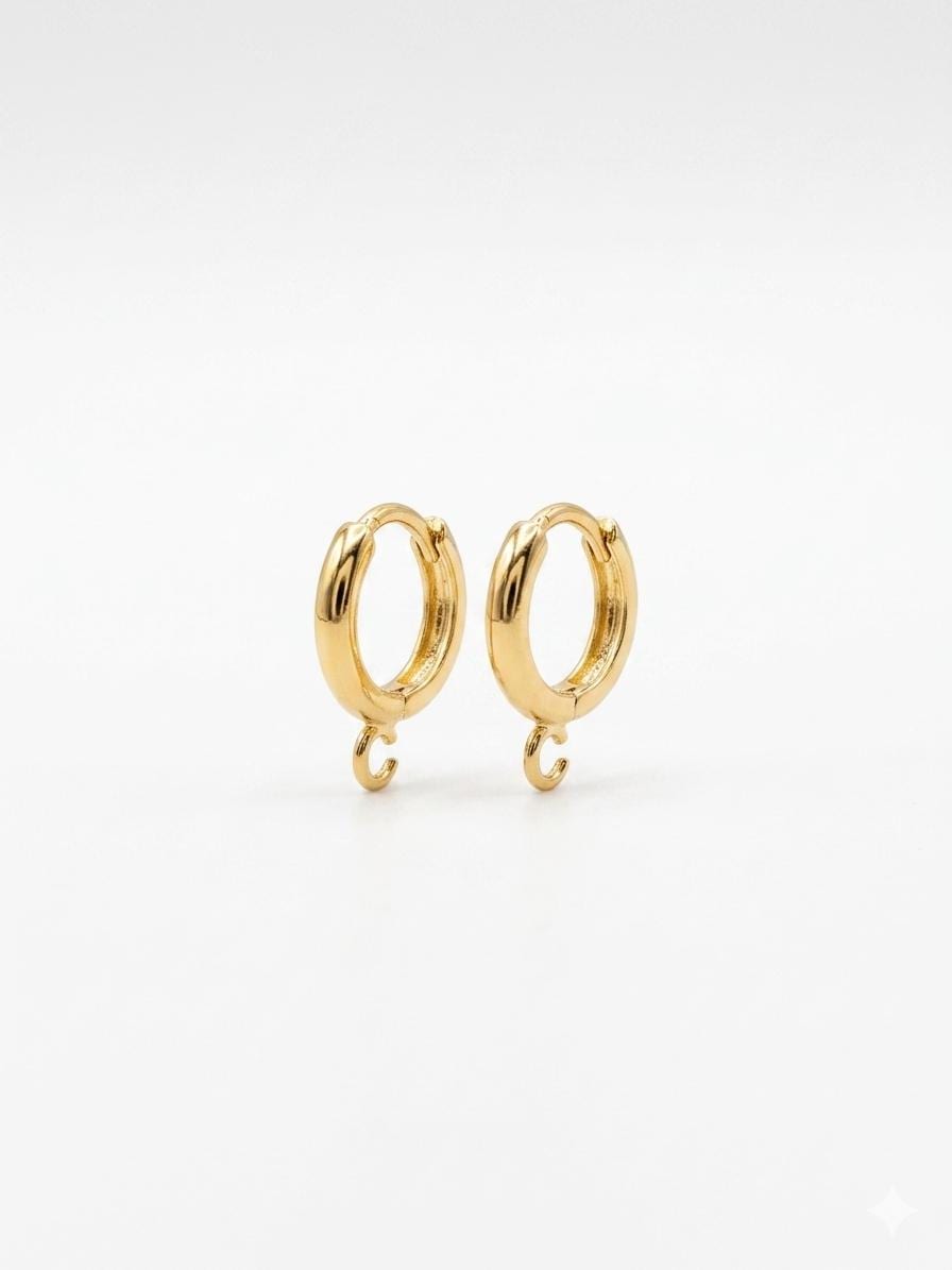 Medium-sized polished gold round hoop findings with a sturdy click-closure and integrated charm loop.