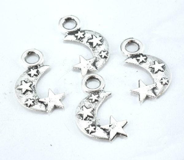 19m Antique Silver Moon Stars Pendant Charm Black accent detailed coloring 3mm Closed loop 25pcs/PK 1mm thickness