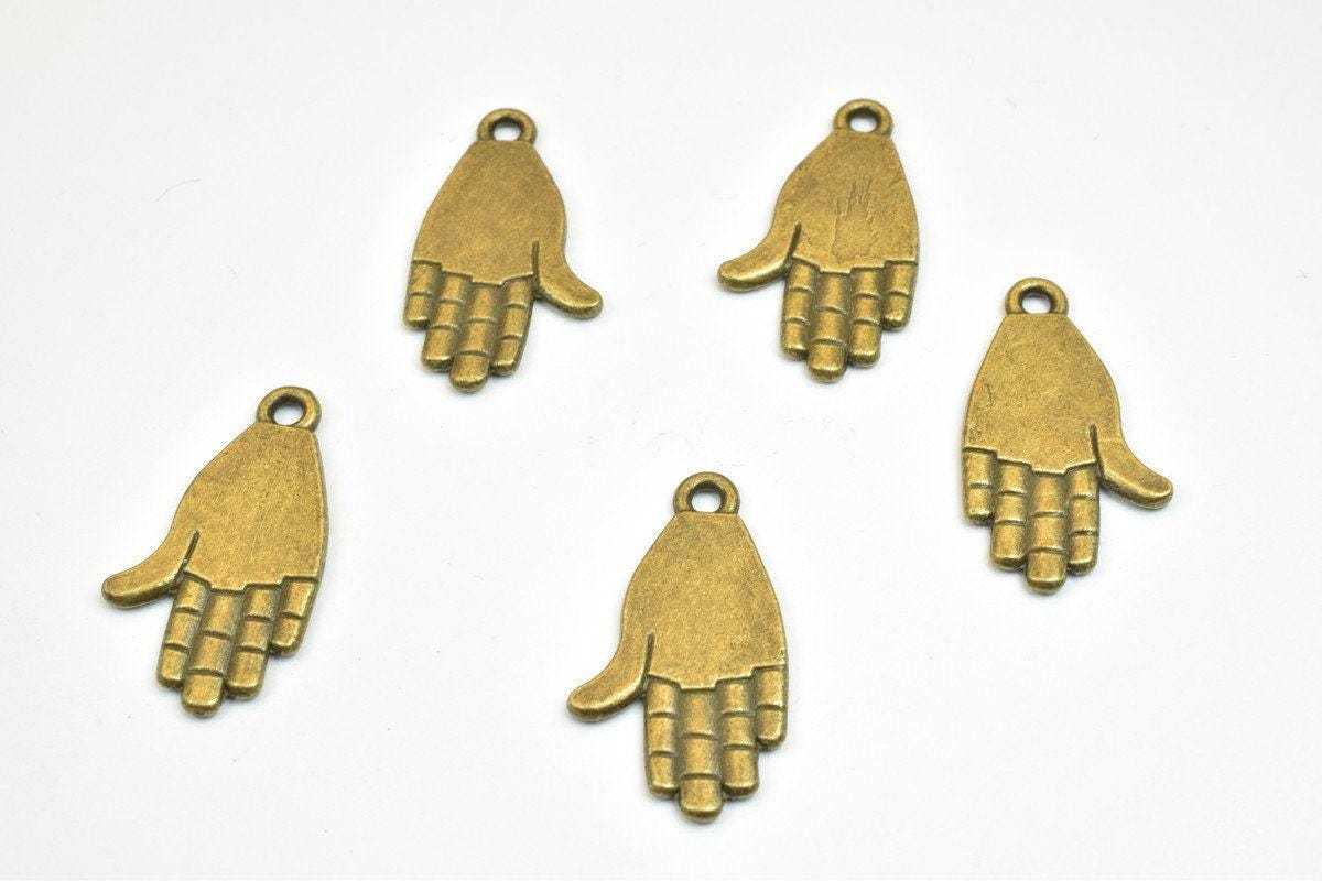 Hamsa Hand Charm Beads – Antique Green Metal Charm Beads 24x13mm Double Sided Pendants