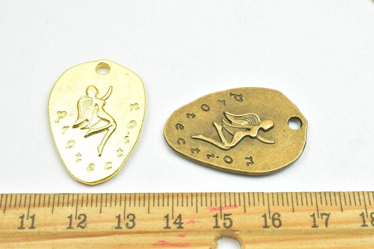 4 PCs Protection Fairy Lady Charm Pendants Antique Green/Gold Beads Base Metal Alloy Size 33x23mm Jump Ring Size 3mm For Jewelry Making