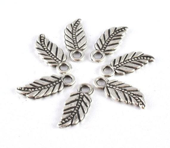 18x7mm Antique Silver Tribal Leaf Charm Pendant with black accent design detail 20pcs/PK 2mm hole opening 2mm thickness