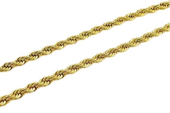 A gold rope chain with twisted, braided links is shown against a white background.