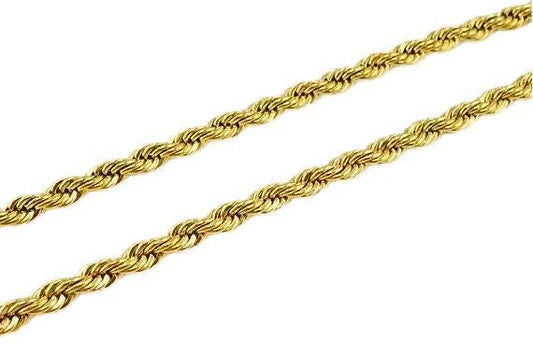 A gold rope chain with twisted, braided links is shown against a white background.